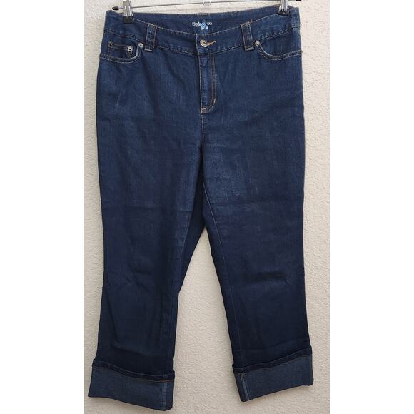 Style & Co Dark Blue Wide Cuffed Cropped Jeans 10P Lightweight Flat Front Soft - Picture 1 of 6